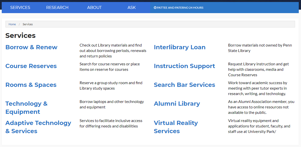 Screenshot of Penn States Libraries list of services web page. More in text description below. 