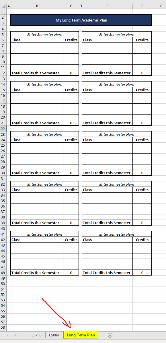 Screenshot of "Long Term Plan" page in ESP spreadsheet, allowing planning for each semester. 