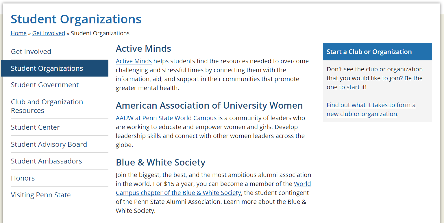Screenshot of student organization webpage. Links to page. 