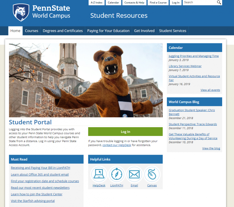 Screenshot of the World Campus Student Website. More in surrounding text. 