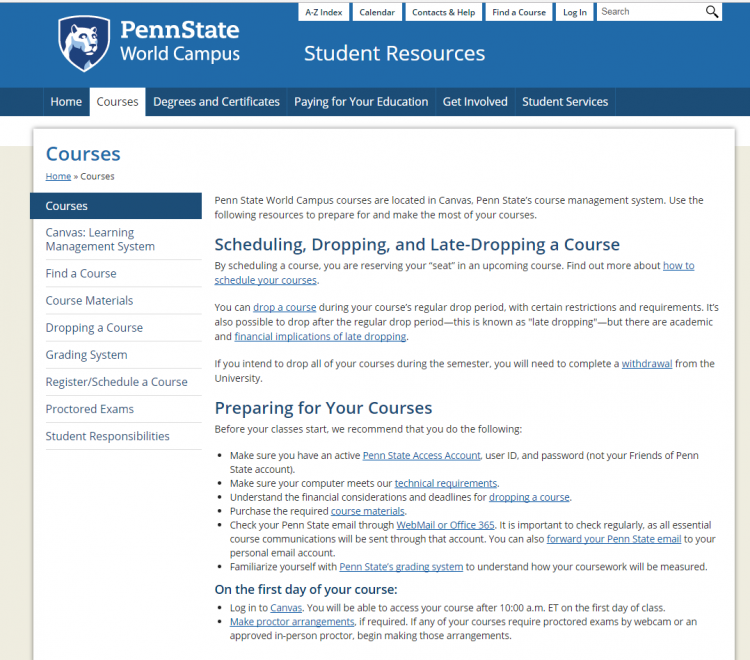 Screenshot of the world campus courses tab. More in text above. 