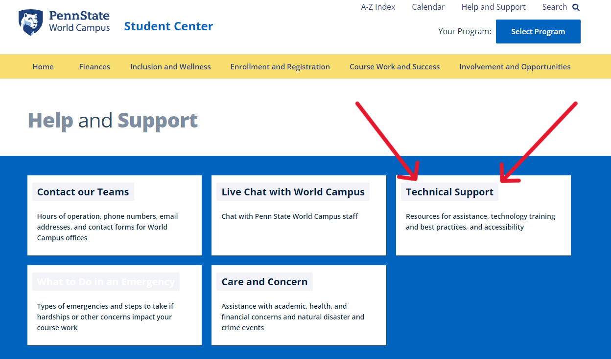 link to the Student Resources Contact & Helps form. At top of page, third from the left it's circled. 