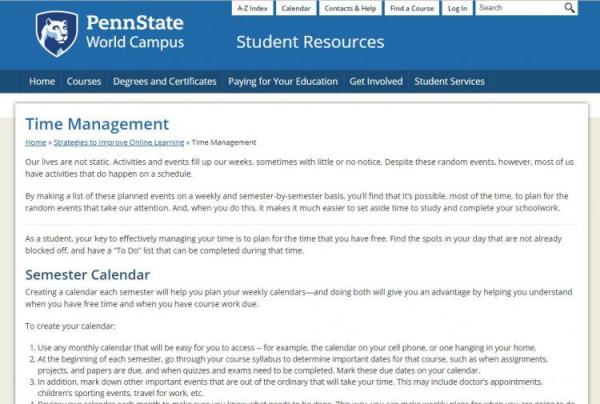 Link to Penn State World Campus Time Management page