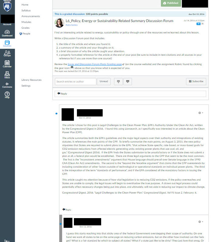 Screenshot of a Discussion Forum in Canvas with original post and response.