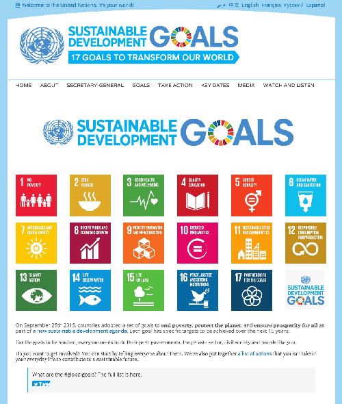 Screen capture of the Sustainable Development Goals see link above for actual website