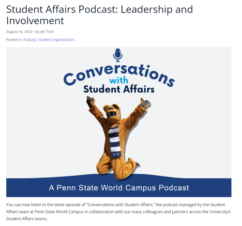 screenshot of the Student Affairs Podcase: Leadership and Involvement