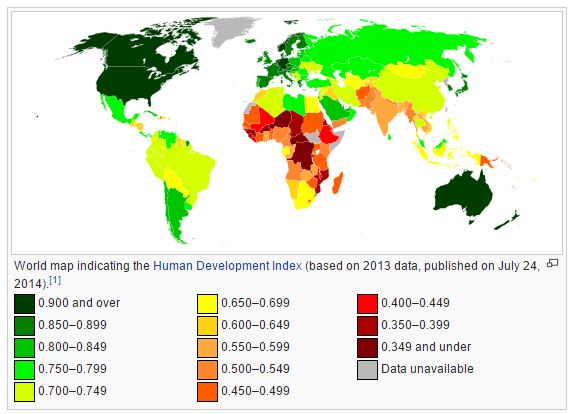 A world map showing color-coded Human Development Index by country.