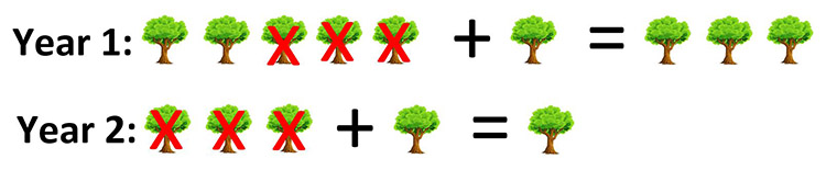 Illustration showing that if you cut 3 out of 5 trees down and 1 grows back, you have 3 trees left, then if you cut 3 more down and 1 grows back, you have 1 left.