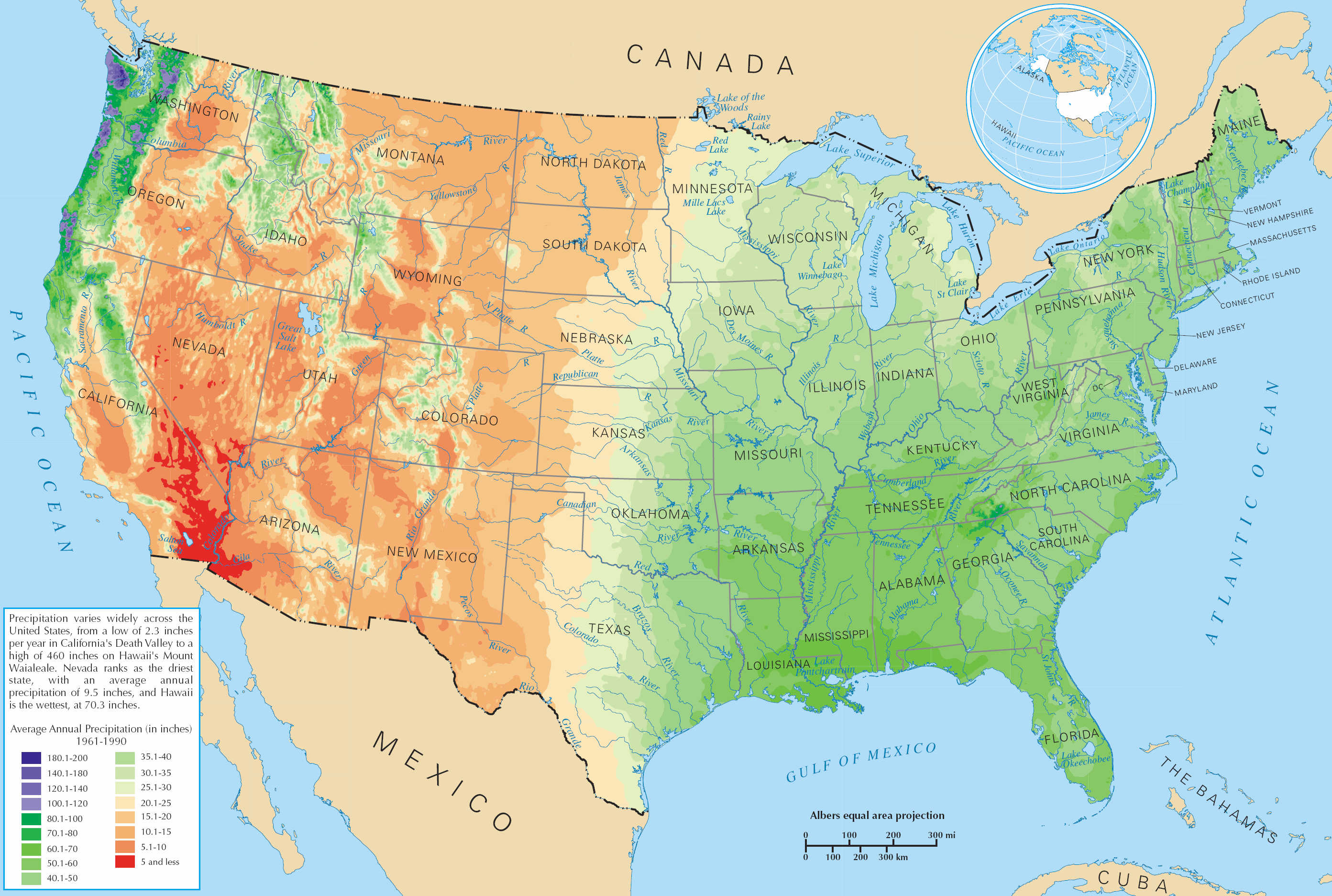 Average annual precipitation in the U.S. From the Midwest to the East Coast receives 30 - 60 inches per year. Most of the West gets between 10 a 20 inches, with the exception of Northwest California, Western Oregon, and Western Washington, which gets more than 50 inches per year.