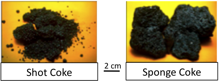 Shot Coke and Sponge Coke. Shot coke looks like pellets while sponge coke looks like bigger lumps that look kind of porous 