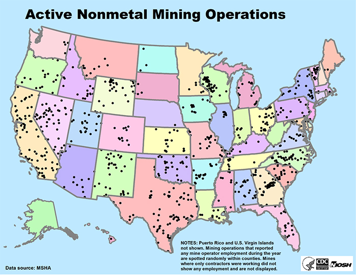 Map of United State showing Active Nonmetal Mining Operations