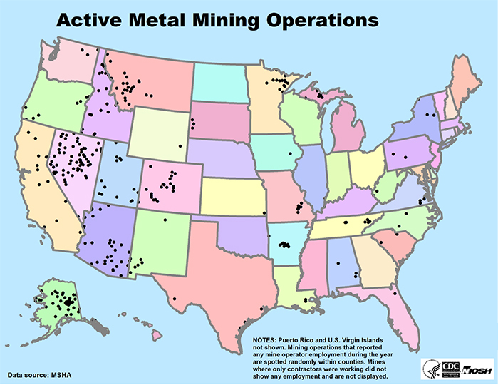 Map of United States showing Active Metal Mining Operations