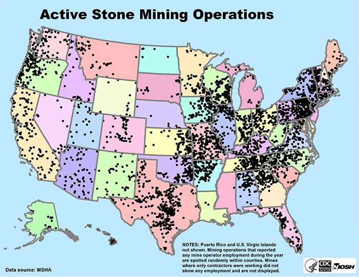 Map of United States showing Active Stone Mining Operations