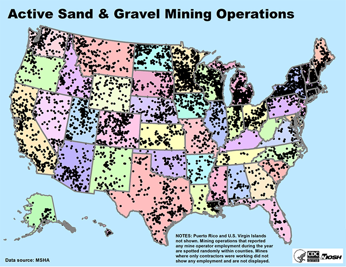 Map of United States showing Active Sand and Gravel Mining