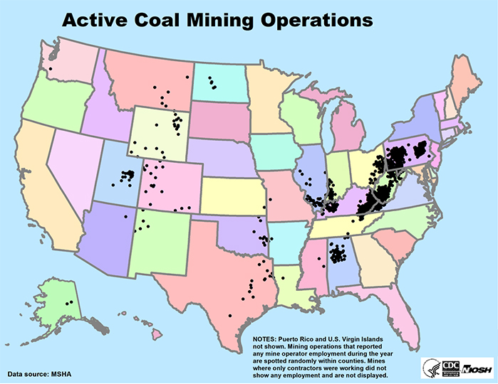 US map showing Active Coal Mining Operations
