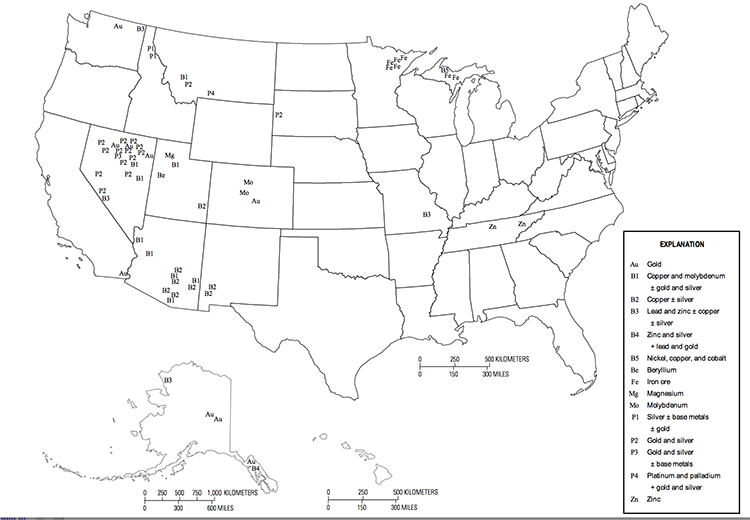 Map showing major Metal Mining Areas in the United States