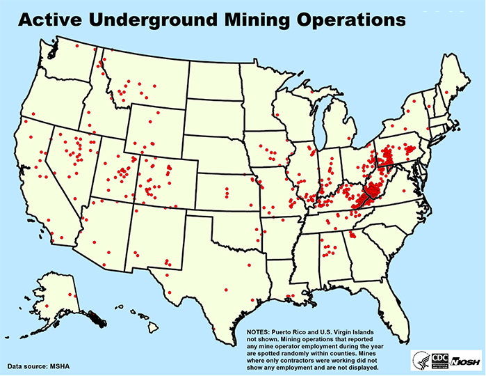 US map showing Active Underground Operations