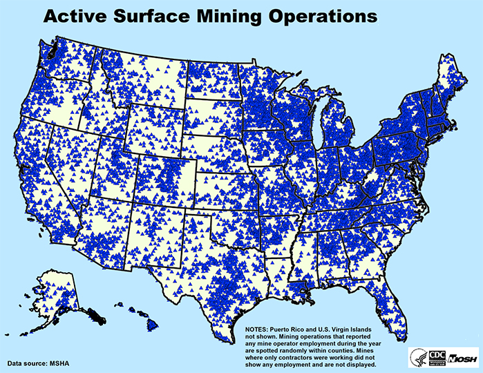 US map showing Active Surface Mining Operations