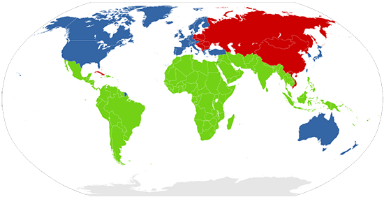 Map showing first world (US, Europe), second world (Russia, China) and third world (S. America, Africa) countries during the cold war