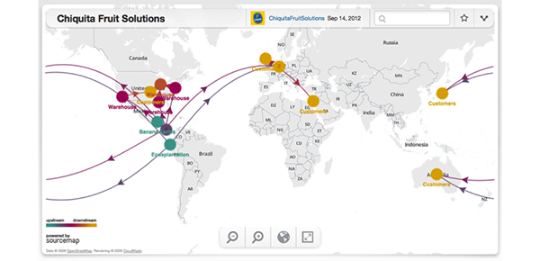 world map showing Chiquita Banana’s commodity chain. Starts in Central America and branches out