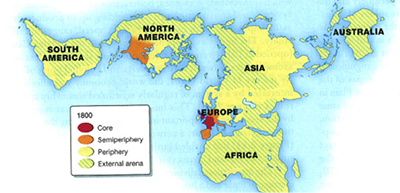 map of core (France), semi-periphery (South East US, Spain and Italy) and periphery (Asia)  in 1800s