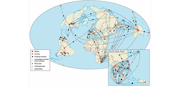 world map showing Toyota's global assembly line as a complex web that covers the globe