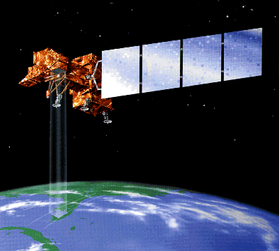 Artist's rendition of Landsat 7 remote sensing satellite above earth. More in surrounding text.