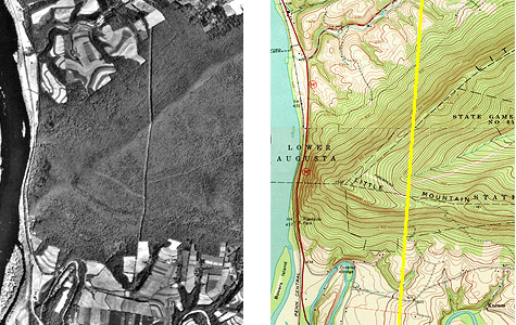vertical aerial photograph showing what appears to be a deformed powerline clearing and corresponding map. 