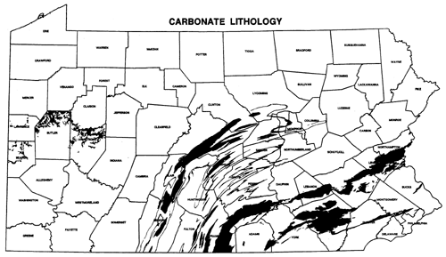 Map of areas in PA underlain by limestone and other carbonate rocks. Mostly focused in Southeast. 