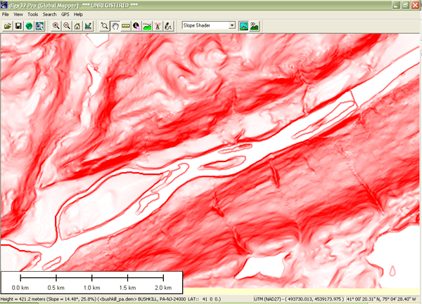 Slope map of the Bushkill, PA quadrangle in Global Mapper.