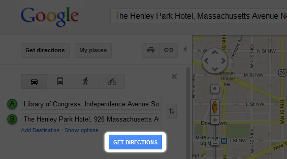 Google maps screenshot of 'Get Directions' section.