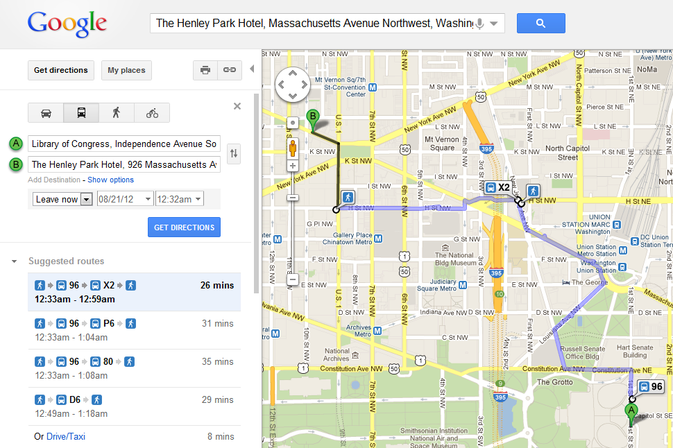 Google maps screenshot showing suggested route options & time for various modes of travel. More in text below. 