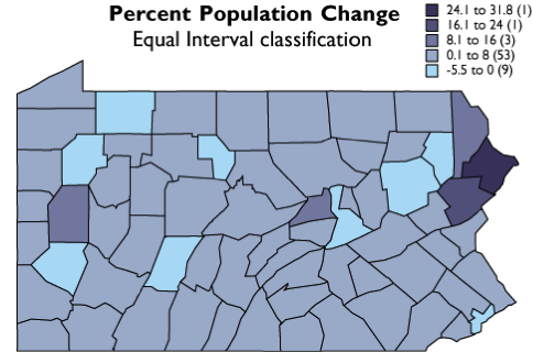 The five equal interval classes mapped on Pennsylvania. More in text below. 