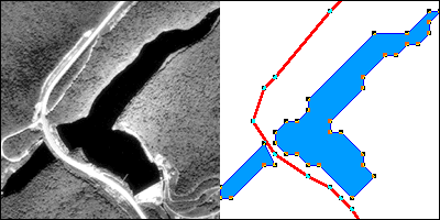 2 frames showing construction of a vector representation of a reservoir and highway. More in surrounding text.