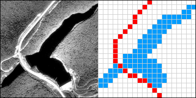 Two frames showing the construction of a raster representation of a reservoir and highway. More in surrounding text. 