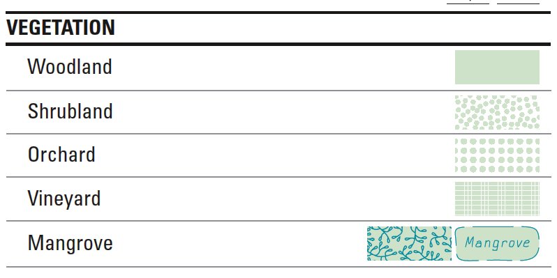 Selected vegetation categories depicted on USGS topographic maps. (woodland, shrubland, orchard, vineyard, mangrove)