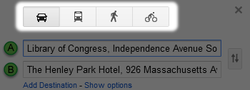 Google maps screenshot of buttons used to indicate transportation options: car, bus/train, walk, bike.