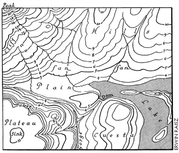 Plan view map showing contour lines of same terrain as Figure 8.9. More in text below. 