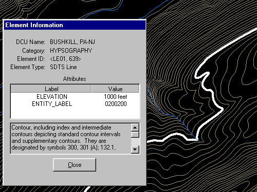Hypsography, Bushkill, PA. Element Information; Element type: SDTS Line, Elevation: 1000 ft, entity label: 0200200.