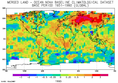 Colored map showing 1995 Surface Temperature Anomalies. Red centered in Russia.