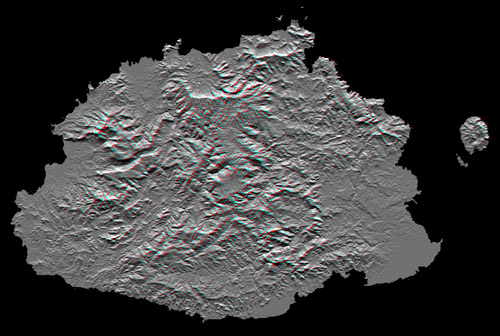 Anaglyph stereo image derived from Shuttle Radar Topography Mission data.