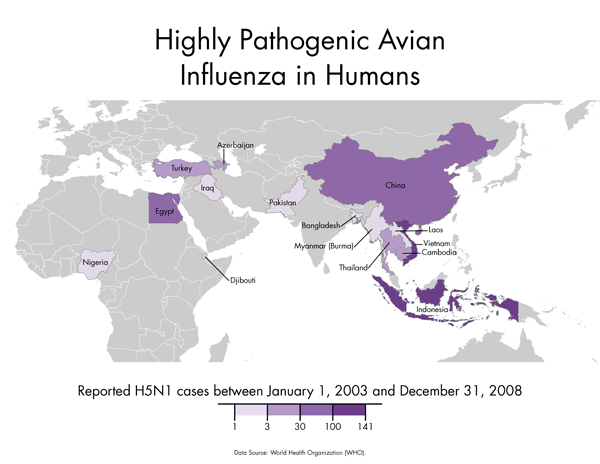 Highly Pathogenic Avian Influenza in Humans with sequential purple color scheme to show impact. High impact in China, low in Nigeria