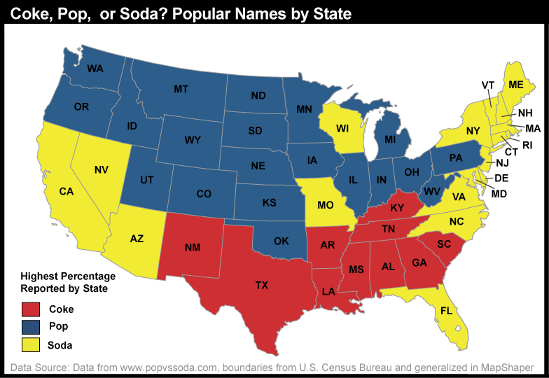 Popular term (coke, pop, or soda) by majority for each of the contiguous states. North uses Pop, South uses Coke & the Coasts use Soda.