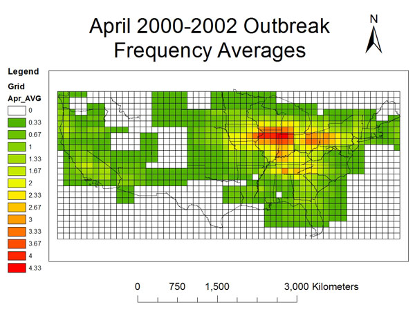 Map of average monthly frequency of jet contrail outbreaks. More in caption below.