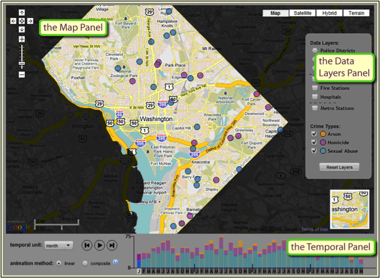 Screenshot of features of CrimeViz: Map Panel, Data Layers Panel & Temporal Panel. Crime locations