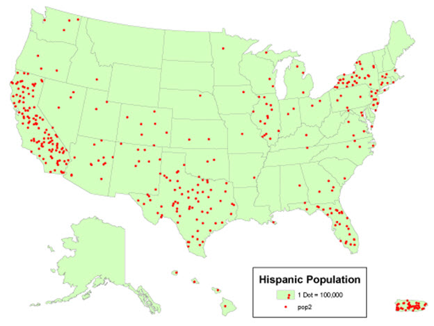 A dot density map that depicts count data of hispanic population in the US. Highest in CA, TX, FL, and Northeast