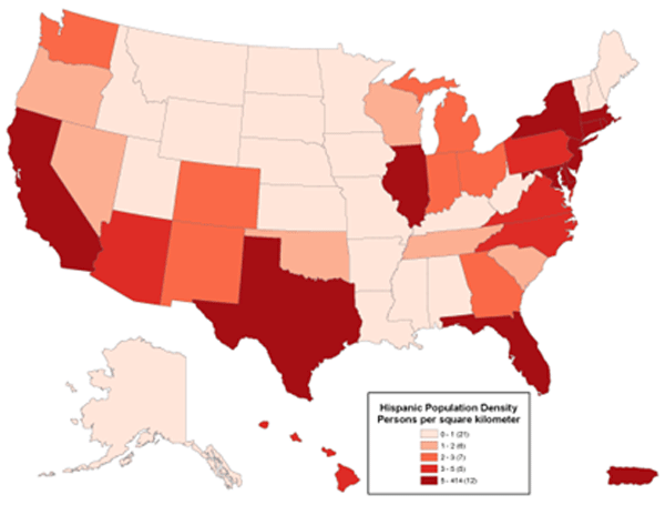 Hispanic population density in the U.S. by state. High density along coasts. More in text above.
