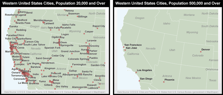 Simplification of cities in the western United States. Right map only has 6 cities while left map has many more. More in text above. 