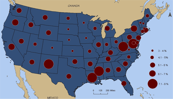 Unemployment Percentages in 2000 in the United States. More in text above. 