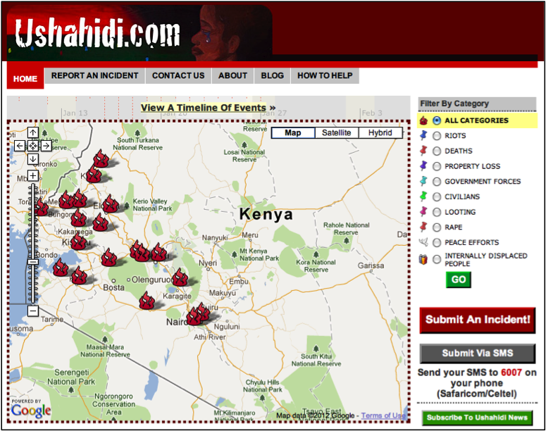 Screenshot of the features of Ushahidi: shape of point symbol characterize data. More text above. 
